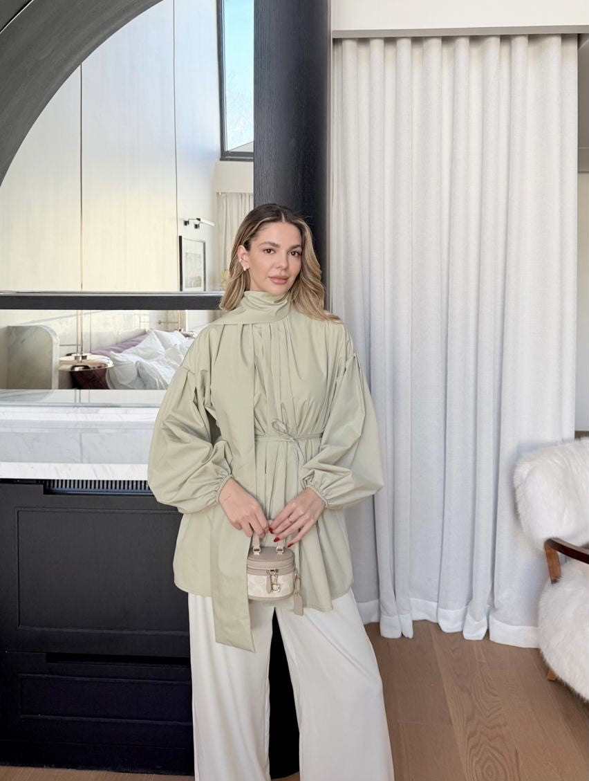 Chic Light Modest Tunic Top with Waist Tie